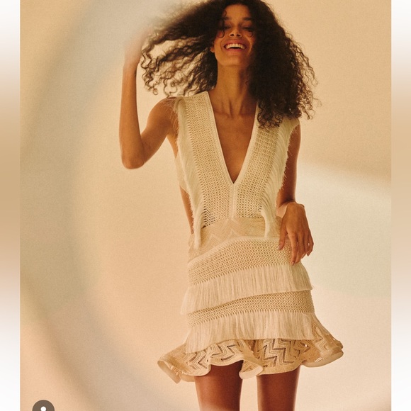 PATBO X ALESSANDRA PLUNGE FRINGE TRIM MINI DRESS CREAM SIZE US 4 / BRA 36 - Picture 2 of 5